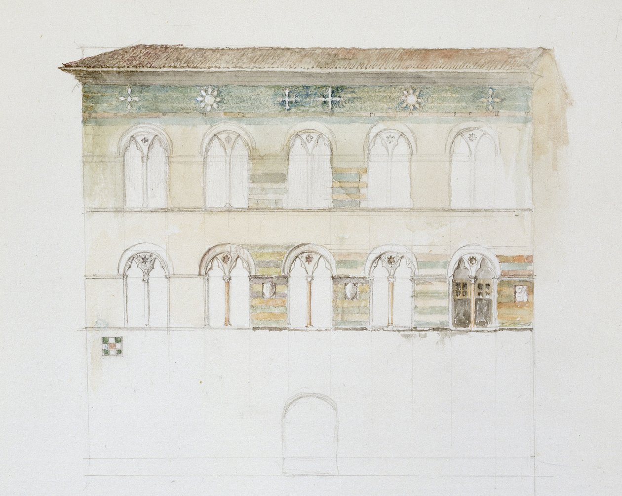Palazzo Gambacorti, Pisa, 27. - 30. huhtikuuta 1872 (akvarelli grafiitin päällä kudospaperilla) tekijältä John Ruskin