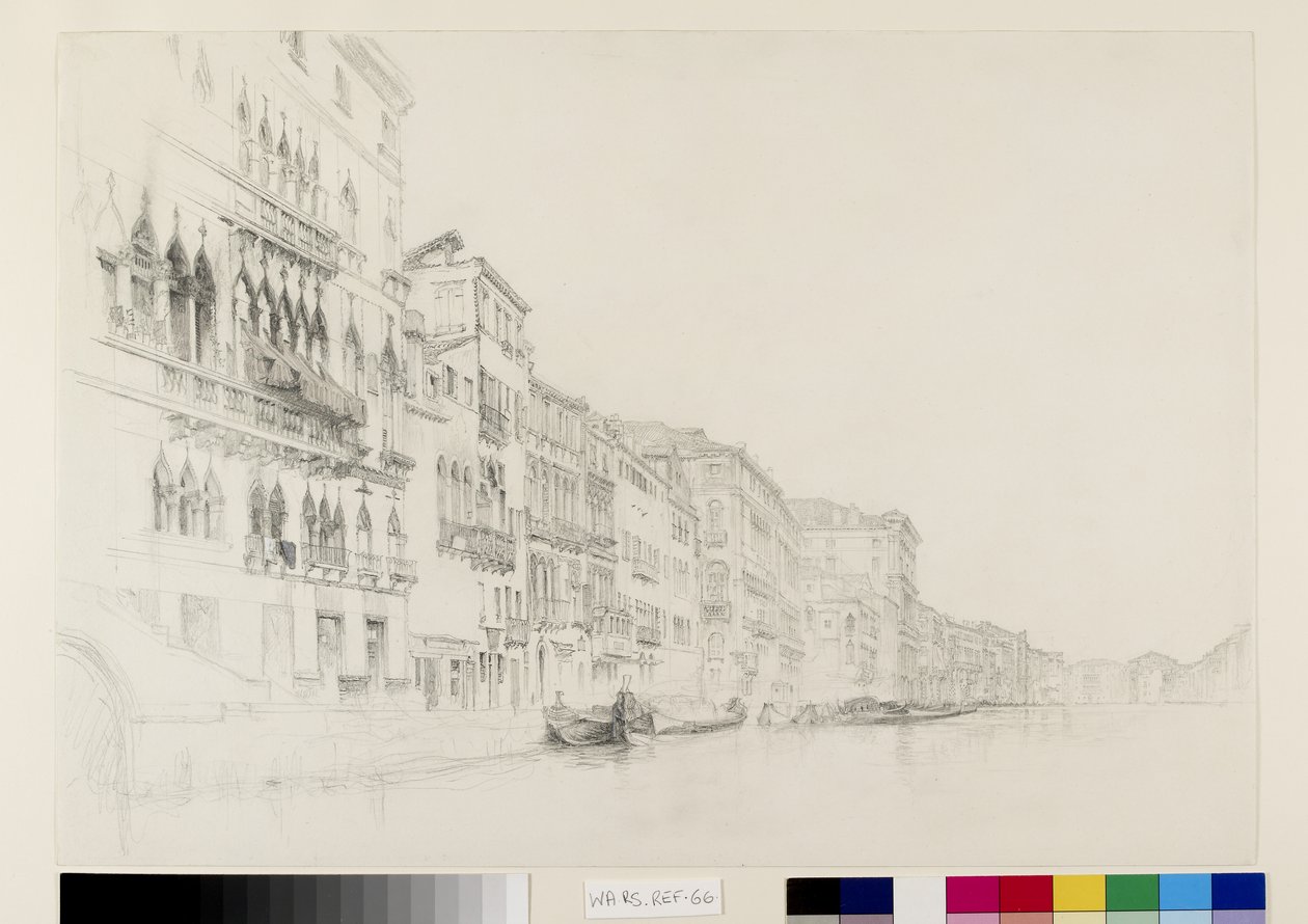 Näkymä Palazzo Bembosta Palazzo Grimanille, Venetsia, touko-kesäkuu 1870 (grafiitti ja akvarelli paperille) tekijältä John Ruskin
