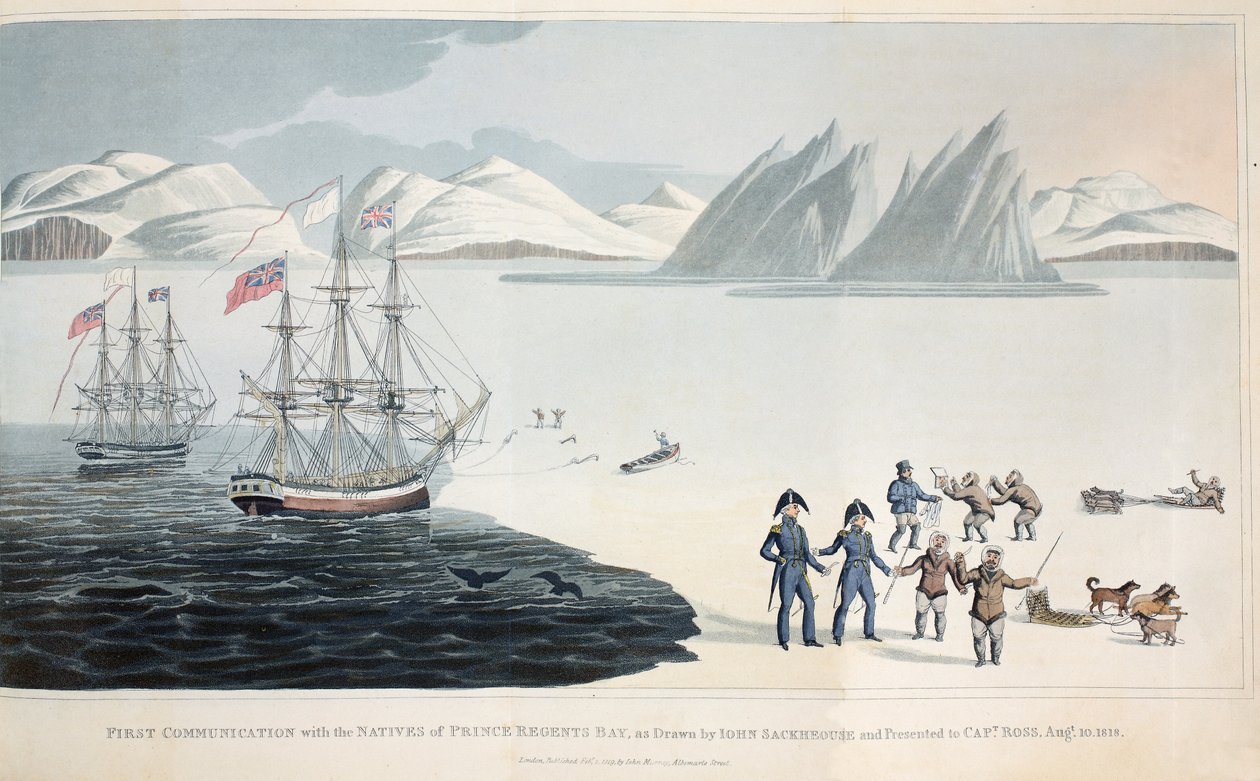 Ensimmäinen viestintä Regents Bayn alkuperäisasukkaiden kanssa 10. elokuuta 1818, kuva kohteesta A Voyage of Discovery..., 1819 värilitho tekijältä John Sackhouse