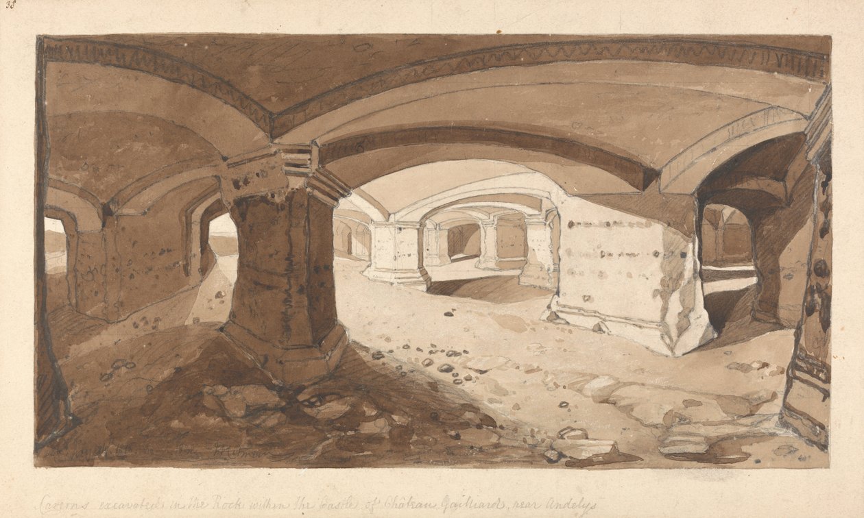Luolat kaivettu kallioon Chateau Gaillardin linnassa, lähellä Andelysia, Normandiaa tekijältä John Sell Cotman