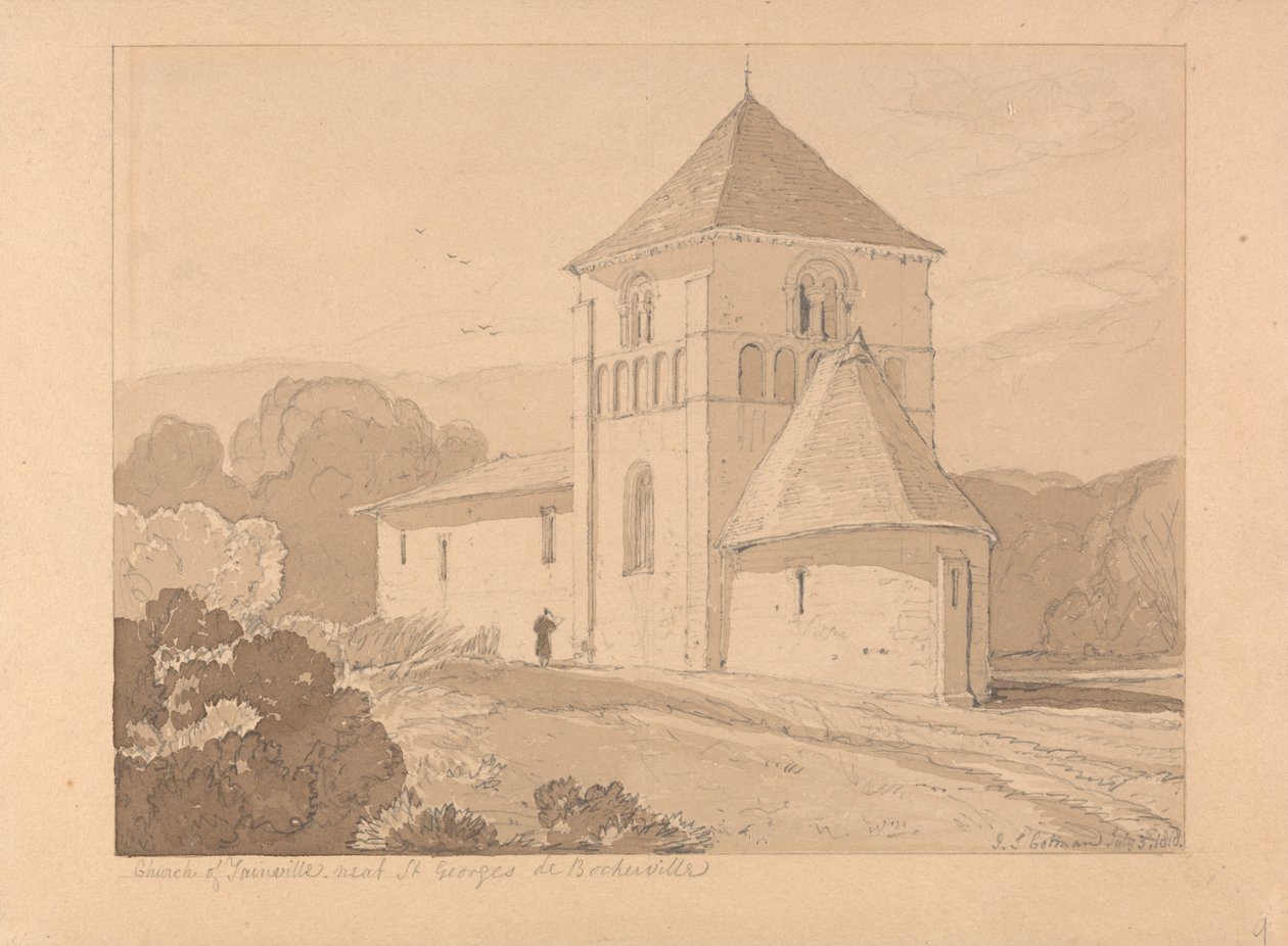 Yainvillen kirkko, lähellä Saint Georges de Boschervilleä, Normandia tekijältä John Sell Cotman