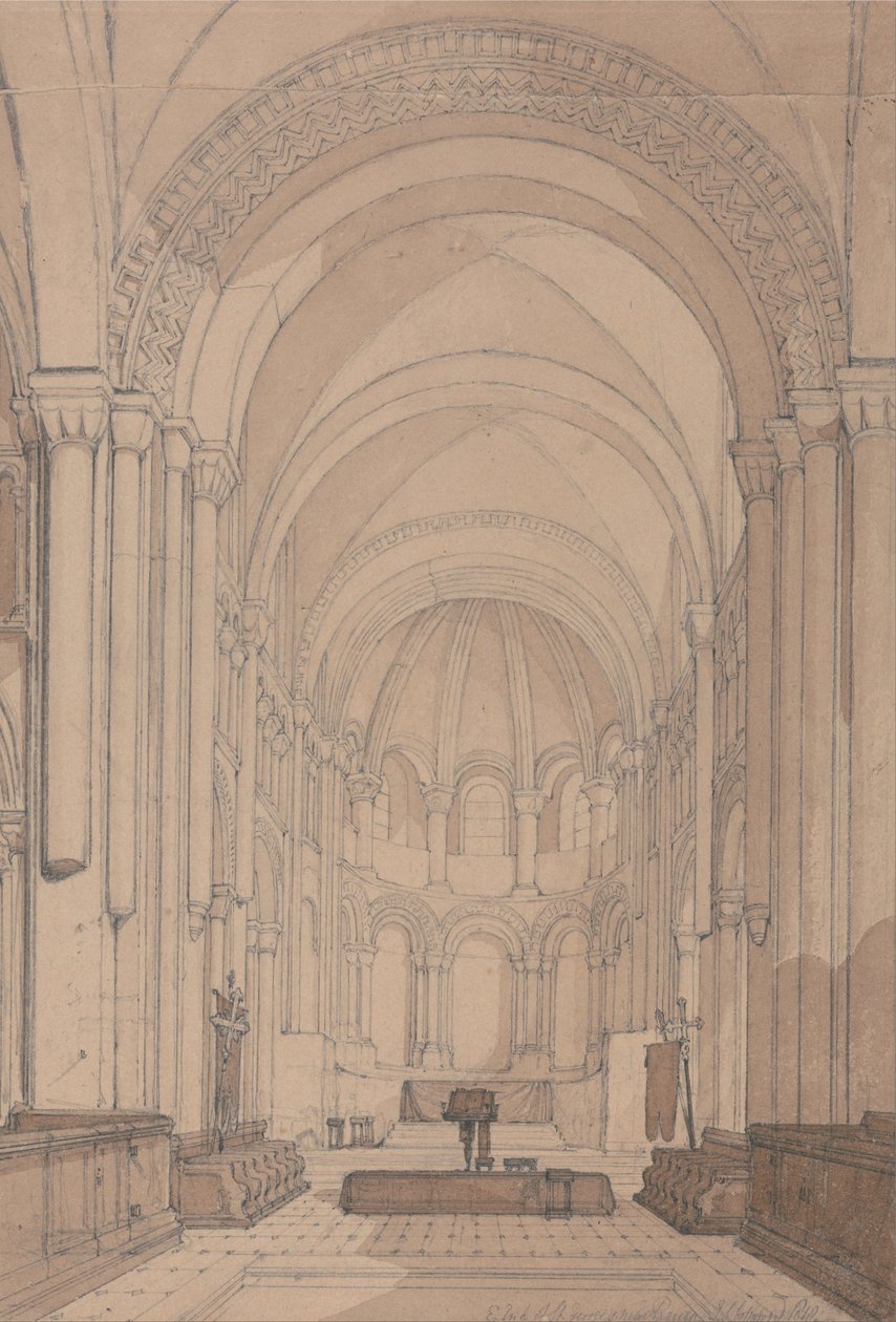 Saint Georges de Boschervillen luostarikirkon itäpää, lähellä Rouenia, Normandia tekijältä John Sell Cotman