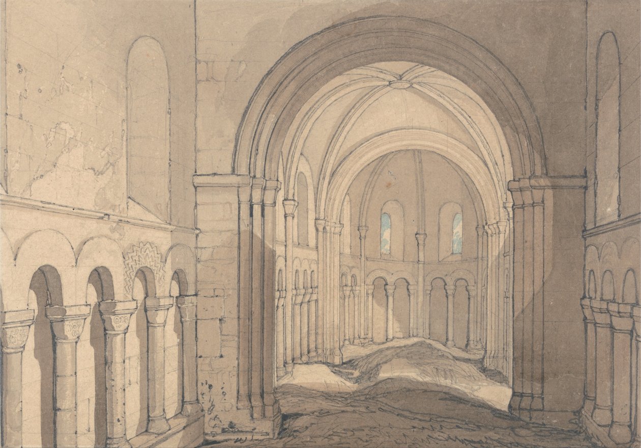 Saint Julienin kappelin sisustus, lähellä Rouenia, Normandia tekijältä John Sell Cotman