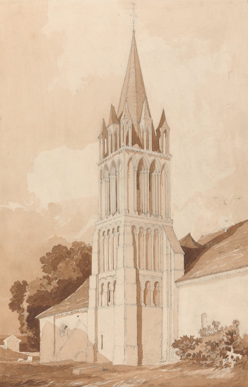 Kaakkoisnäkymä Ifsin kirkosta, lähellä Caenia, Normandia tekijältä John Sell Cotman