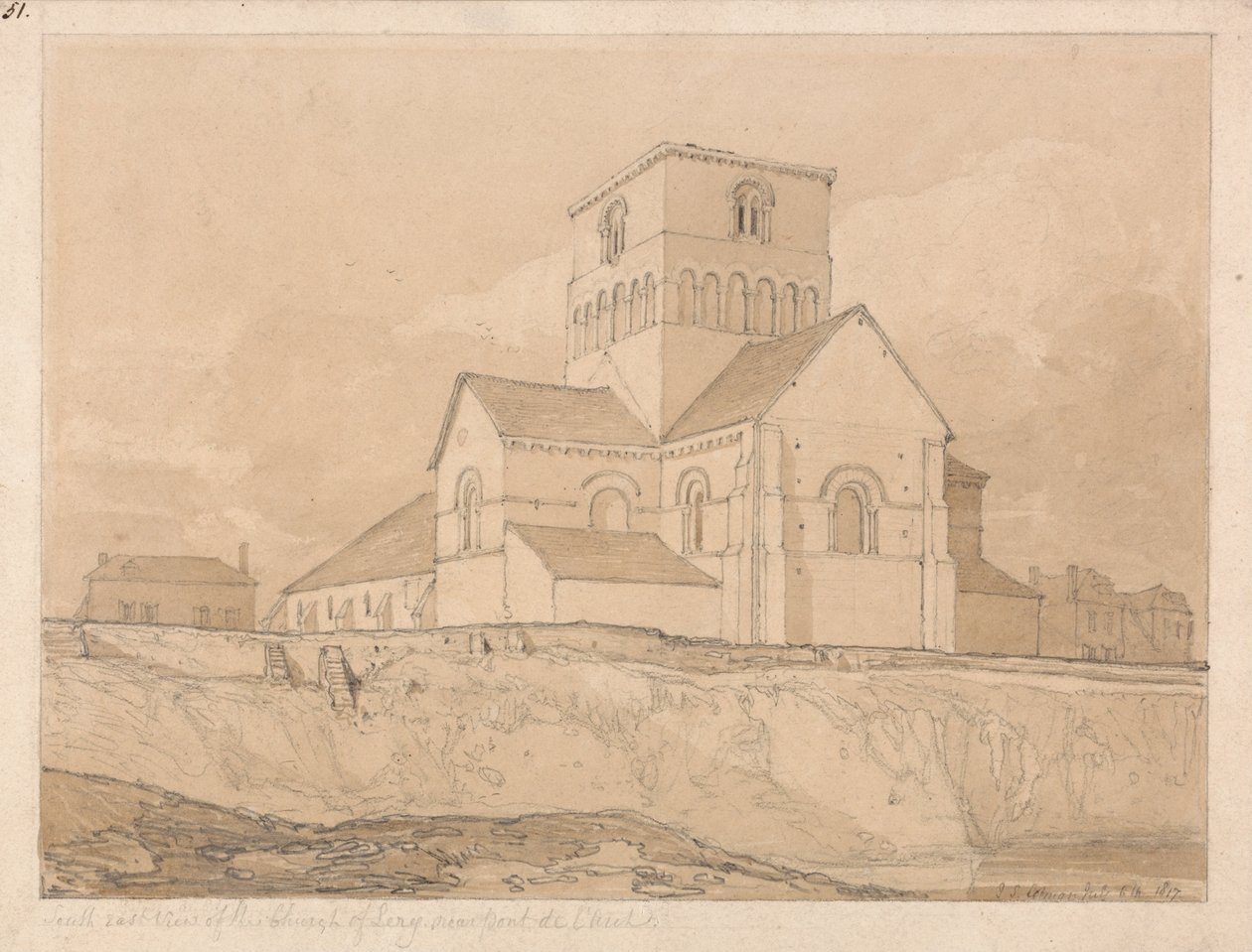 Kaakkoisnäkymä Leryn kirkosta, lähellä Pont-de-lArchea, Normandiassa tekijältä John Sell Cotman