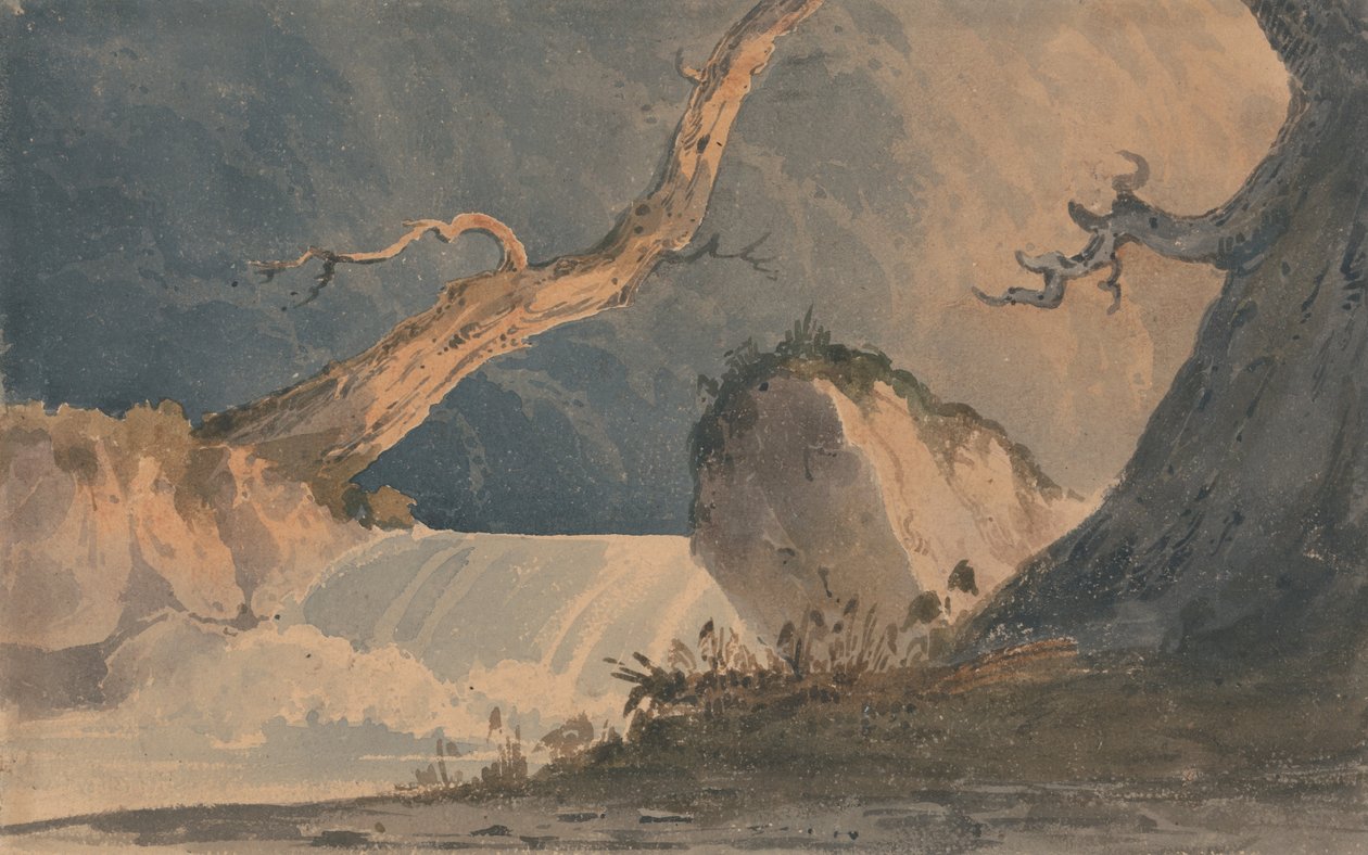 Vesiputous autiomaassa maisemassa tekijältä John Sell Cotman