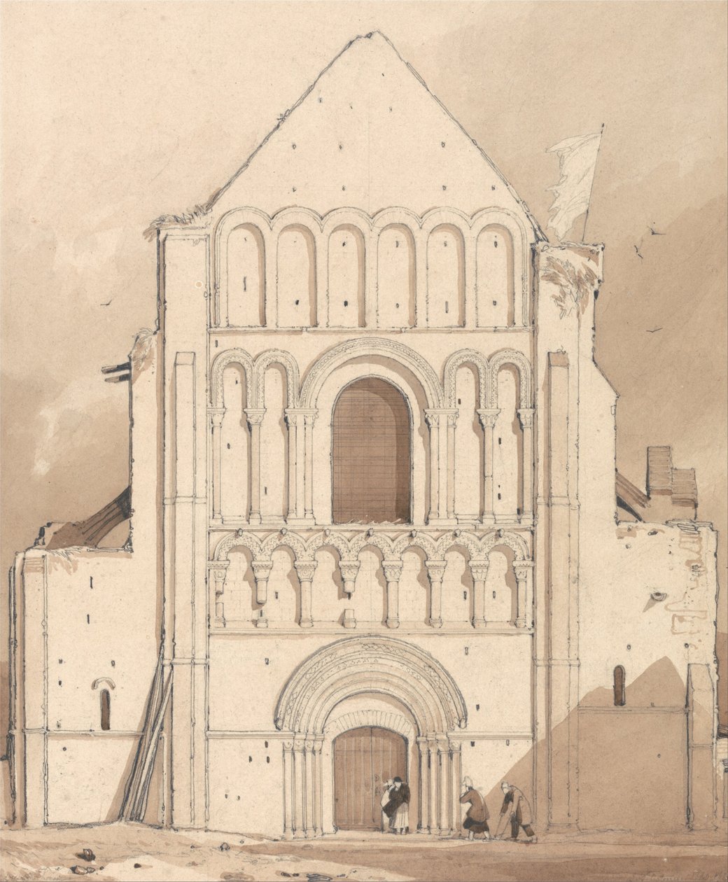 Ouistrehamin (Ouistreham) kirkon länsirintama, lähellä Caenia, Normandia tekijältä John Sell Cotman