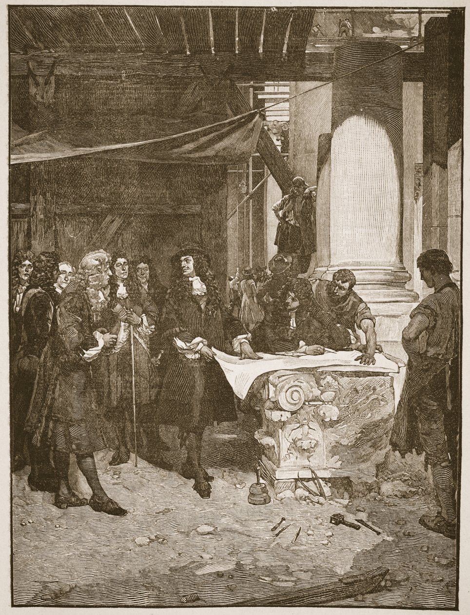 Charles II vierailee Wrenissä St. Paulin rakennuksen aikana, kuvitus teoksesta "The Church of England: A History for the People", kirjoittanut H.D.M. Spence-Jones, pubi. n. 1910 (seepiavalokuva) tekijältä John Seymour Lucas