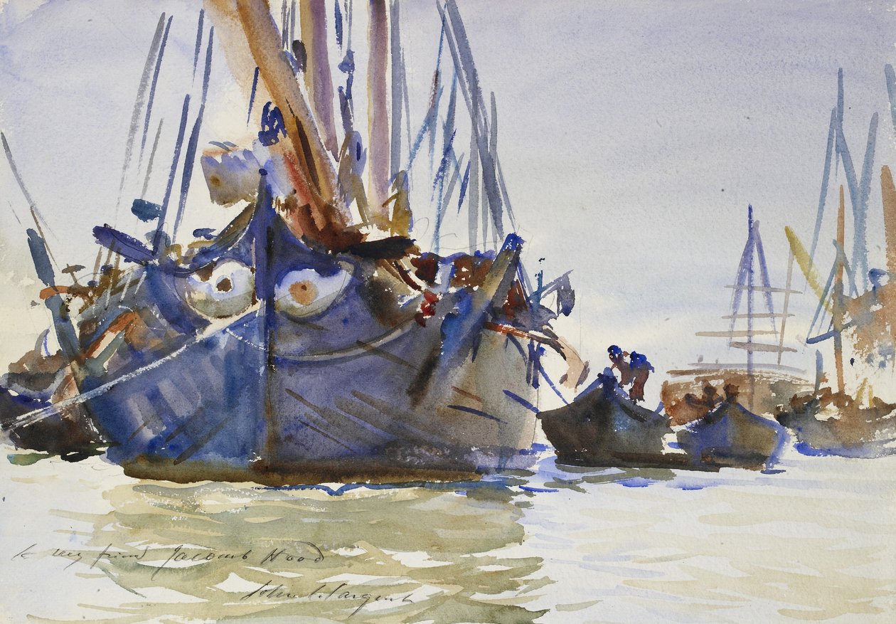 Italian purjealukset ankkurissa (akvarelli grafiitilla karkealla paperilla) tekijältä John Singer Sargent