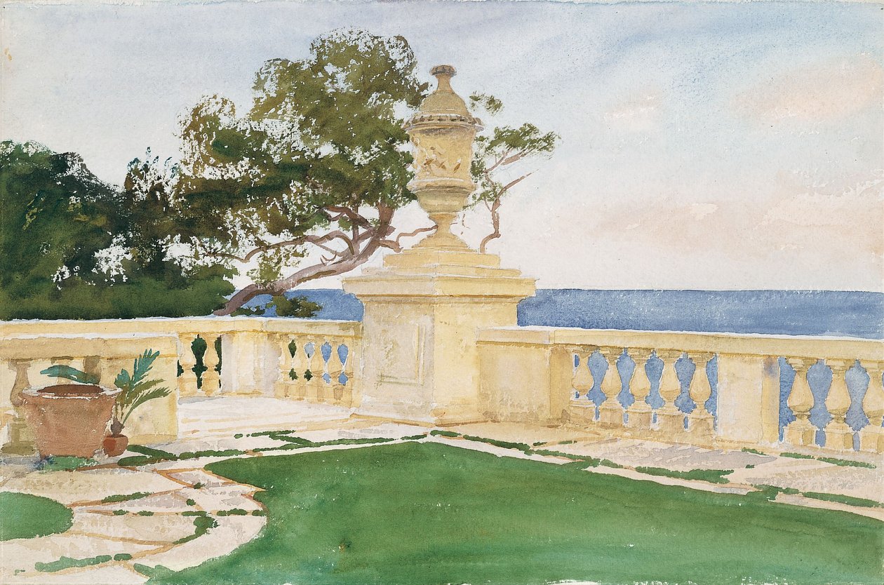 Terassi, Vizcaya, 1917 (wc ja grafiitti valkoisella kudottupaperilla) tekijältä John Singer Sargent