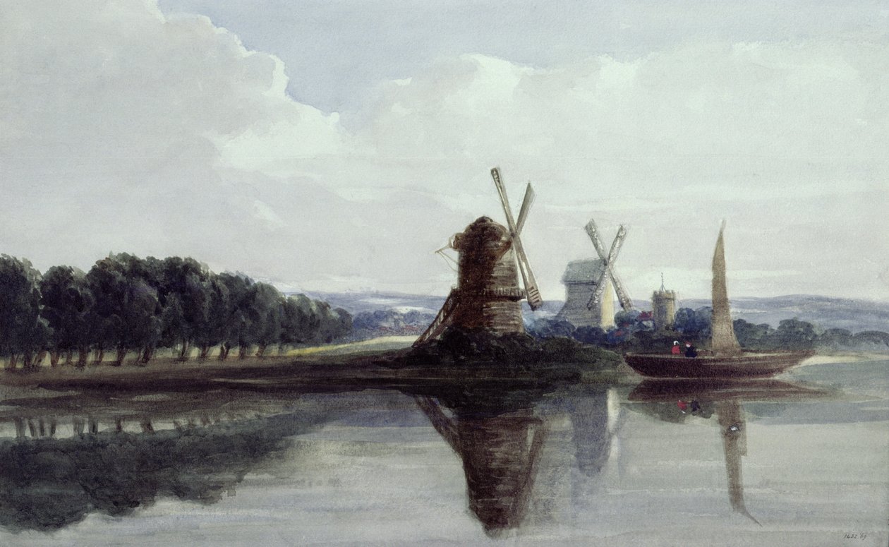 Tuulimyllyt joen rannalla, 1800-luku (akvarelli) tekijältä John Smeaton Chase