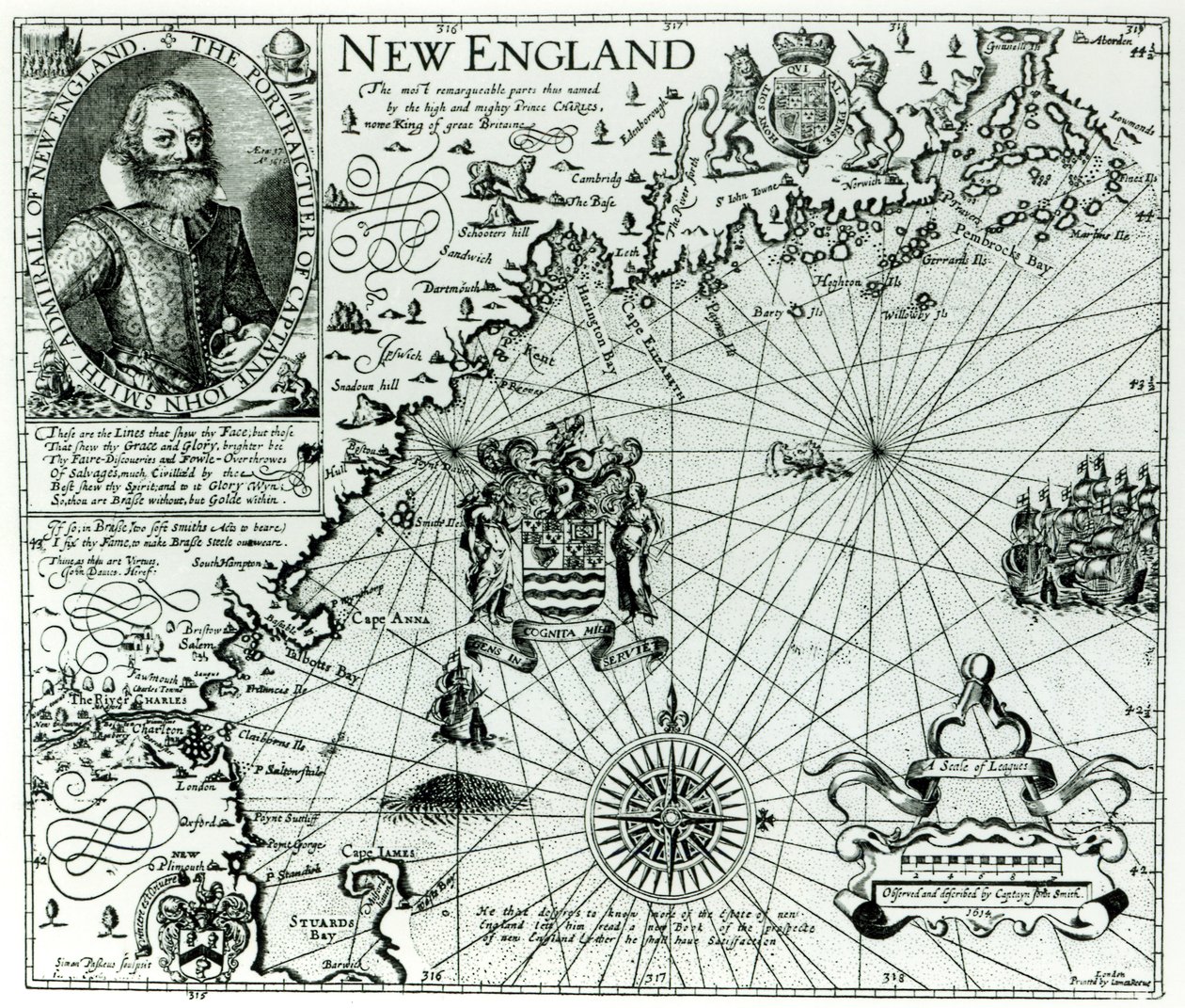 Kartta Uuden-Englannin rannikosta vuodelta 1614, kaiverrettu Simon de Passe (1595-1647) 1616 tekijältä John Smith 2