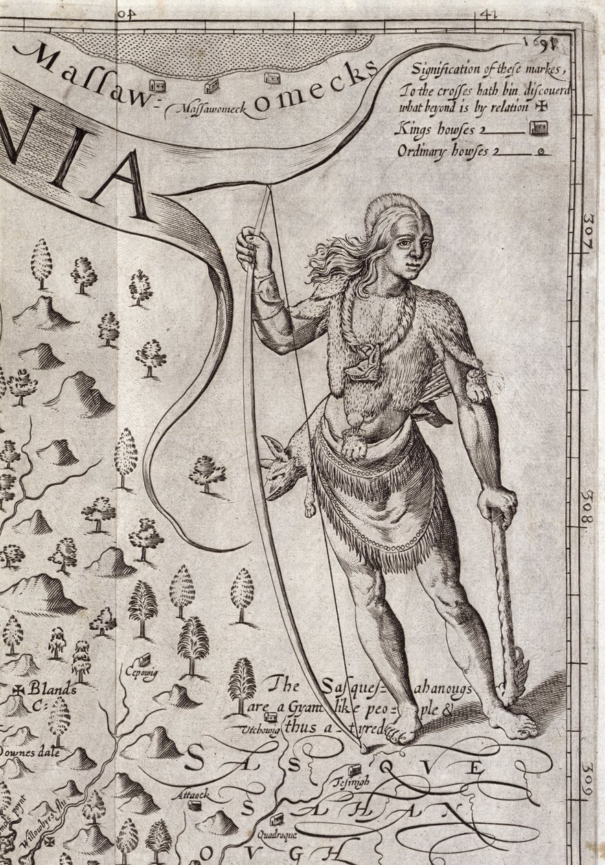 Susquehannock-sotilas, yksityiskohta Virginian kartasta, kaivertanut William Hole (fl. 1607-24), julkaistu 1612 (katso 174211) tekijältä John Smith 2