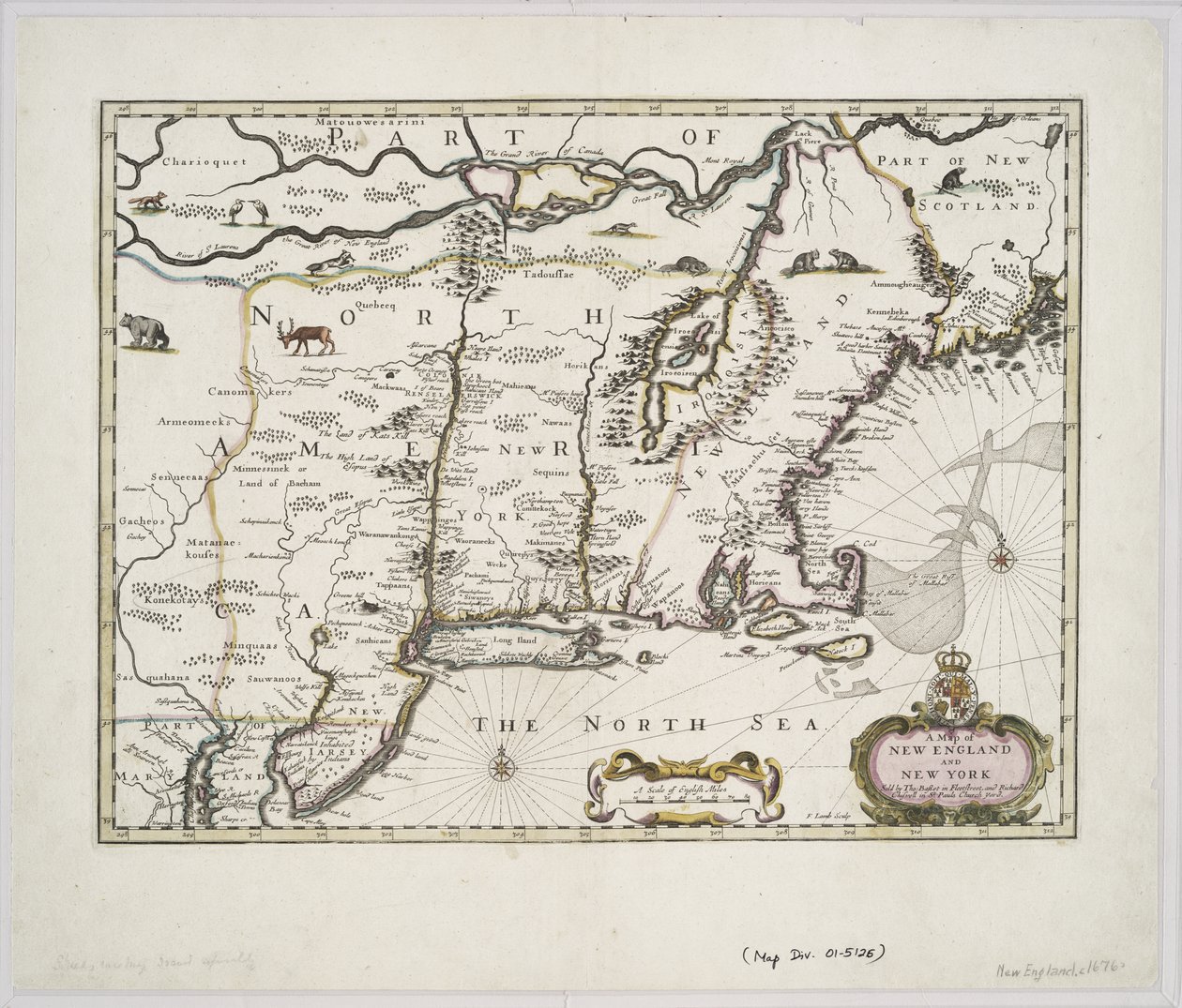 Uuden Englannin ja New Yorkin kartta John Speedin teoksesta Theatre of the Empire of Great Britain, 1676 (värituloste). tekijältä John Speed