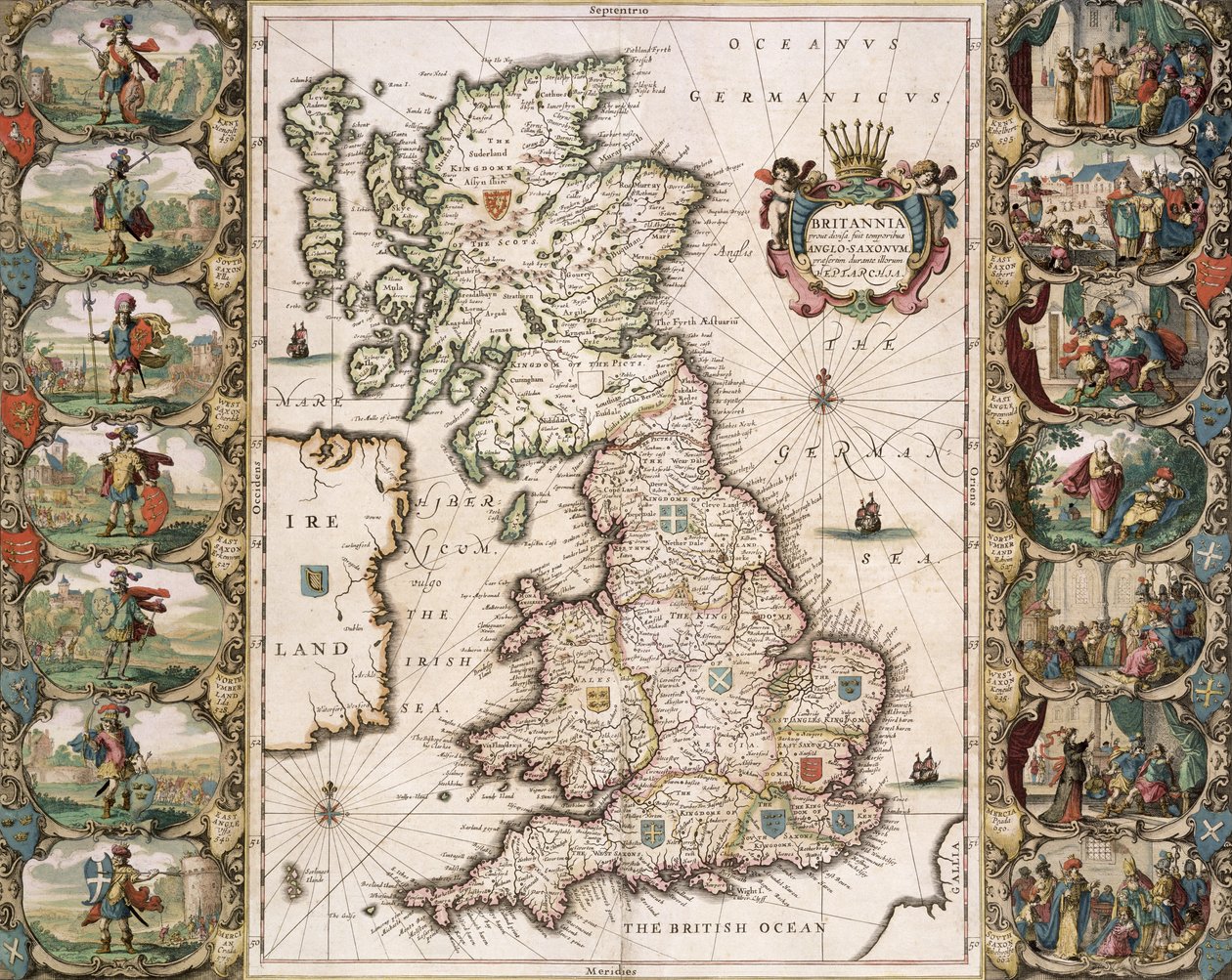 Britannia sellaisena kuin se päätettiin Englannin saksien aikana, 1616 (värikaiverrus) tekijältä John Speed