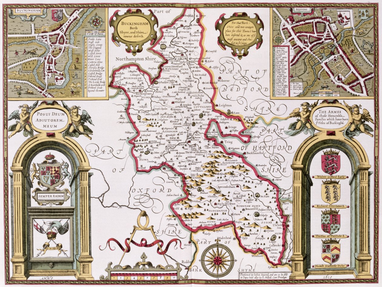 Buckinghamshire, kaiverrettu Jodocus Hondius (1563-1612) John Speedin "Theatre of the Empire of Great Britain", pub. John Sudbury ja George Humble, 1611-12 (käsinvärjätty kuparikaiverrus) tekijältä John Speed