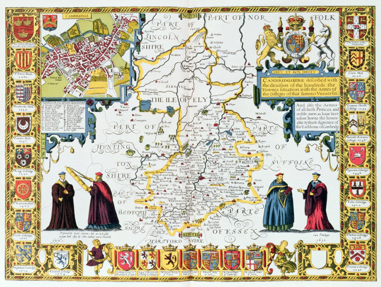 Cambridgeshire, kaiverrus Jodocus Hondius (1563-1612) John Speedin "Theatre of the Empire of Great Britain", pub. John Sudbury ja George Humble, 1611-12 (käsinvärjätty kuparikaiverrus) tekijältä John Speed