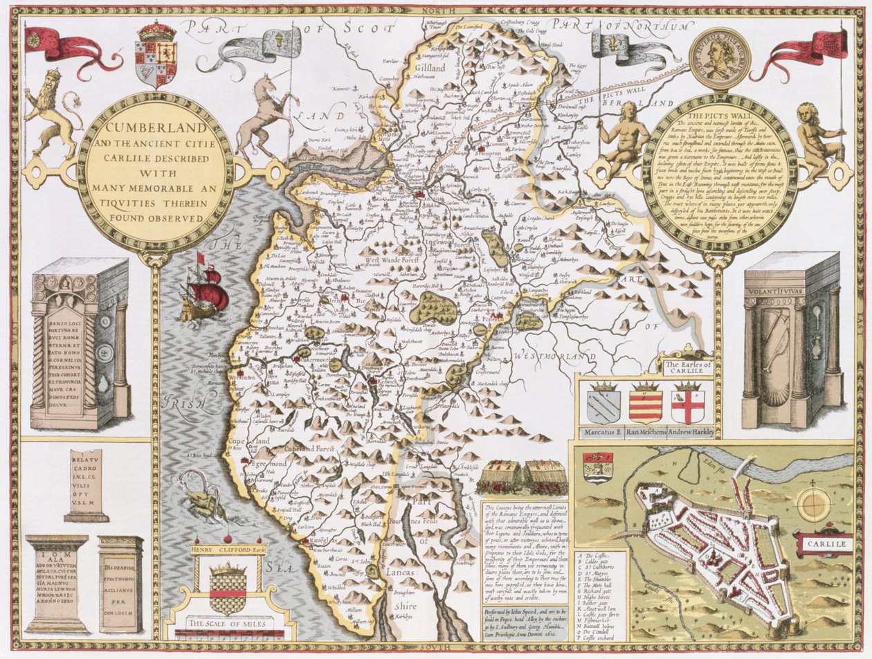 Cumberland ja Carlilen muinainen kaupunki, Jodocus Hondiuksen (1563-1612) kaiverrus John Speedin Theatre of the Empire of Great Britain -pubista. kirjoittaneet John Sudbury ja George Humble, 1611-12 (käsiyhteistyö tekijältä John Speed