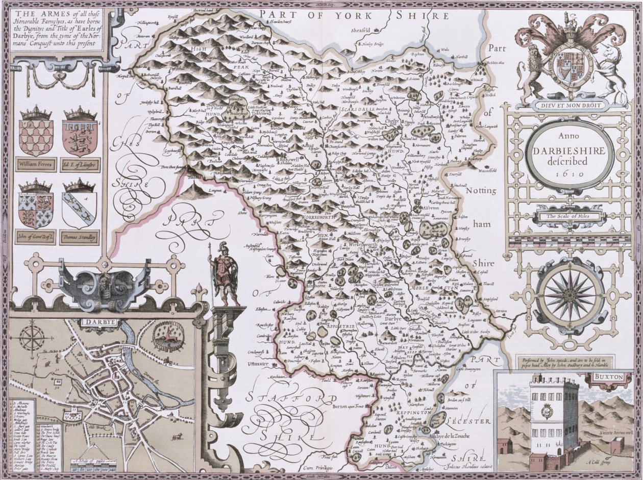 Darbieshire, kaiverrettu Jodocus Hondius (1563-1612) John Speedin "Theatre of the Empire of Great Britain", pub. John Sudbury ja George Humble, 1611-12 (käsinvärjätty kuparikaiverrus) tekijältä John Speed
