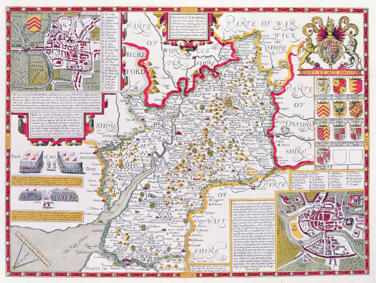 Gloucestershire, kaiverrettu Jodocus Hondius (1563-1612) John Speedin "Theatre of the Empire of Great Britain", pub. John Sudbury ja George Humble, 1611-12 (käsinvärjätty kuparikaiverrus) tekijältä John Speed