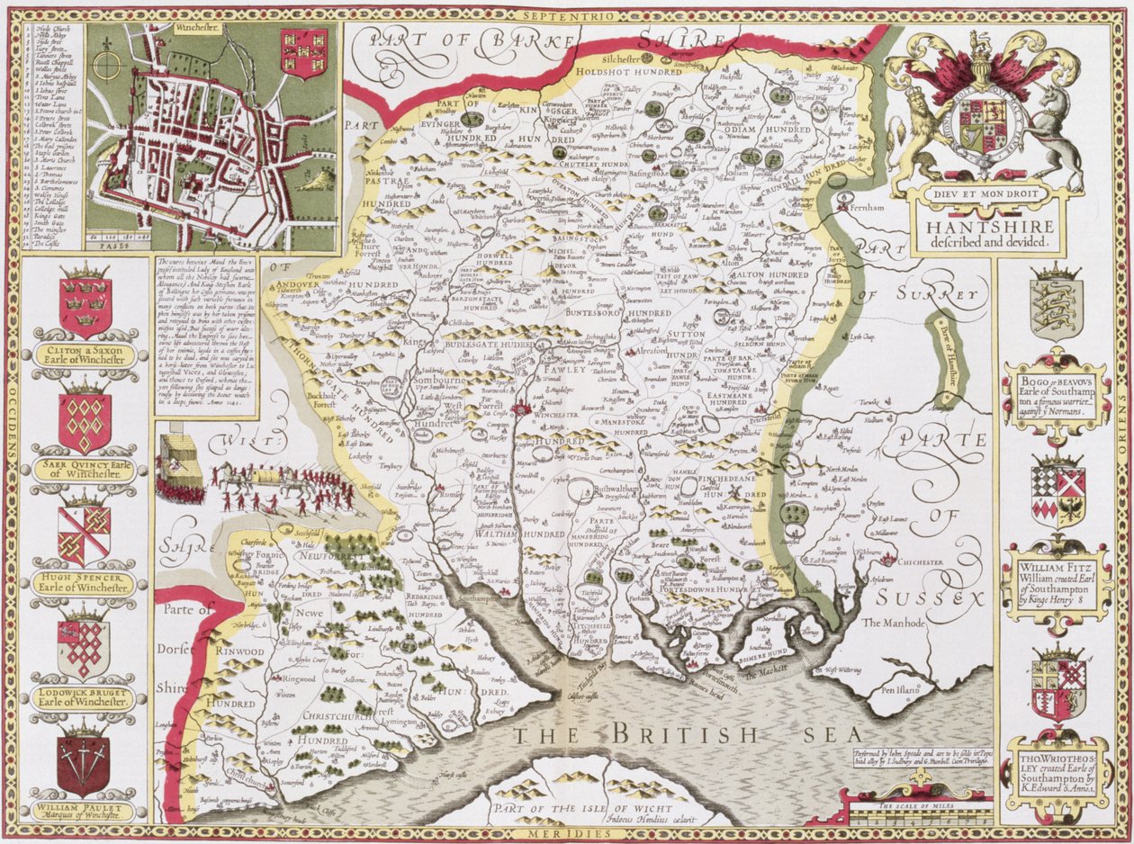 Hantshire, kaiverrettu Jodocus Hondius (1563-1612) John Speedin "Theatre of the Empire of Great Britain", pub. John Sudbury ja George Humble, 1611-12 (käsinvärjätty kuparikaiverrus) tekijältä John Speed