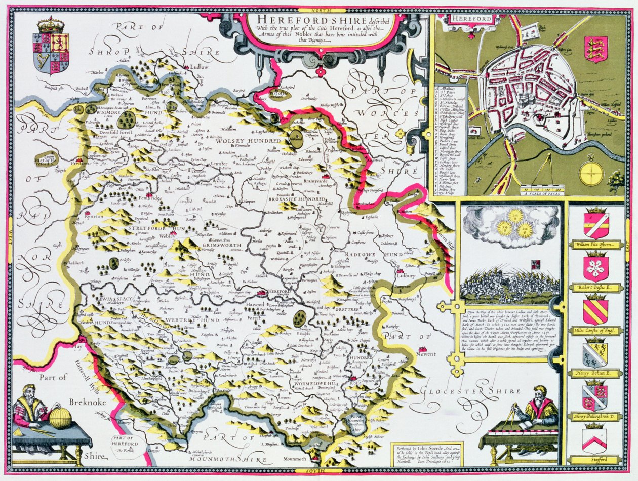 Herefordshire, kaiverrettu Jodocus Hondius (1563-1612) John Speedin "Theatre of the Empire of Great Britain", pub. John Sudbury ja George Humble, 1611-12 (käsinvärjätty kuparikaiverrus) tekijältä John Speed