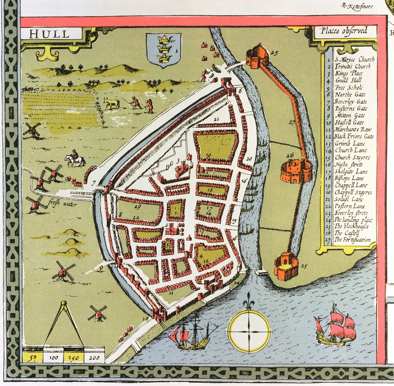 Hull, yksityiskohta Yorkshiren pohjoisen ja itäisen ratsastuksen kartalta, Jodocus Hondiuksen (1563-1612) kaivertama John Speedin Theatre of the Empire of Great Britain -pubista. John Sudbury ja Georg tekijältä John Speed