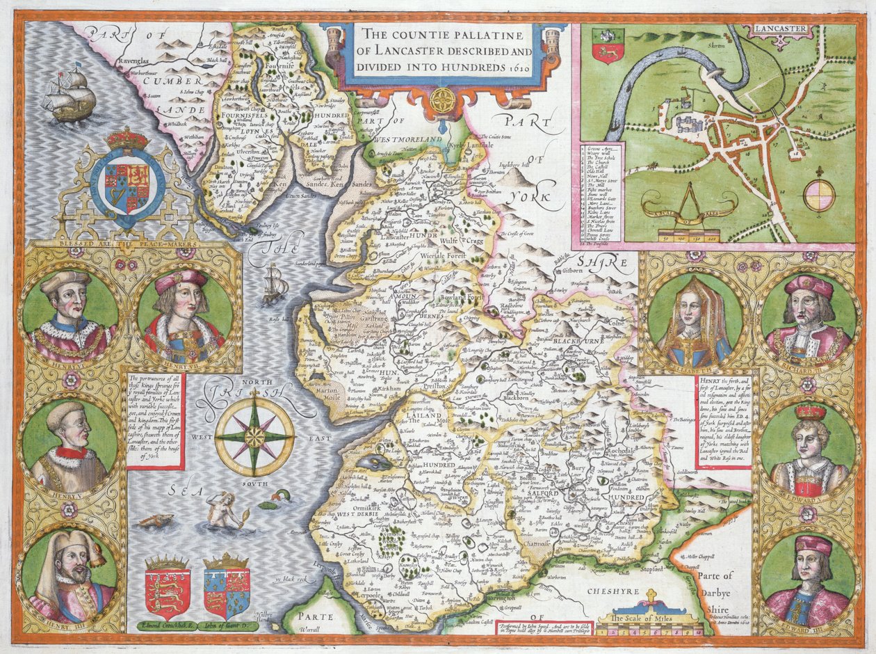Lancashire vuonna 1610, John Speedin "Theatre of the Empire of Great Britain", ensimmäinen painos, pubi. 1611-12 (käsinvärjätty kuparikaiverrus) tekijältä John Speed