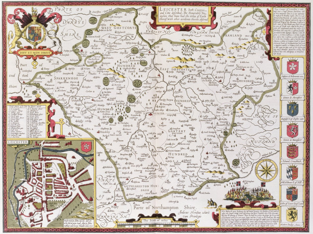 Leicester, kaiverrus Jodocus Hondius (1563-1612) John Speedin "Theatre of the Empire of Great Britain", pub. John Sudbury ja George Humble, 1611-12 (käsinvärjätty kuparikaiverrus) tekijältä John Speed