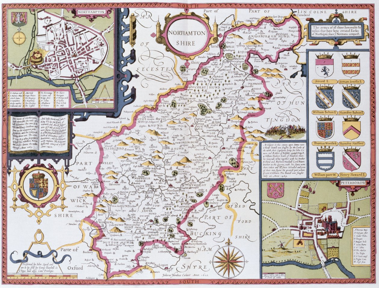Northamptonshire, kaiverrettu Jodocus Hondius (1563-1612) John Speedin "Theatre of the Empire of Great Britain", pub. John Sudbury ja George Humble, 1611-12 (käsinvärjätty kuparikaiverrus) tekijältä John Speed