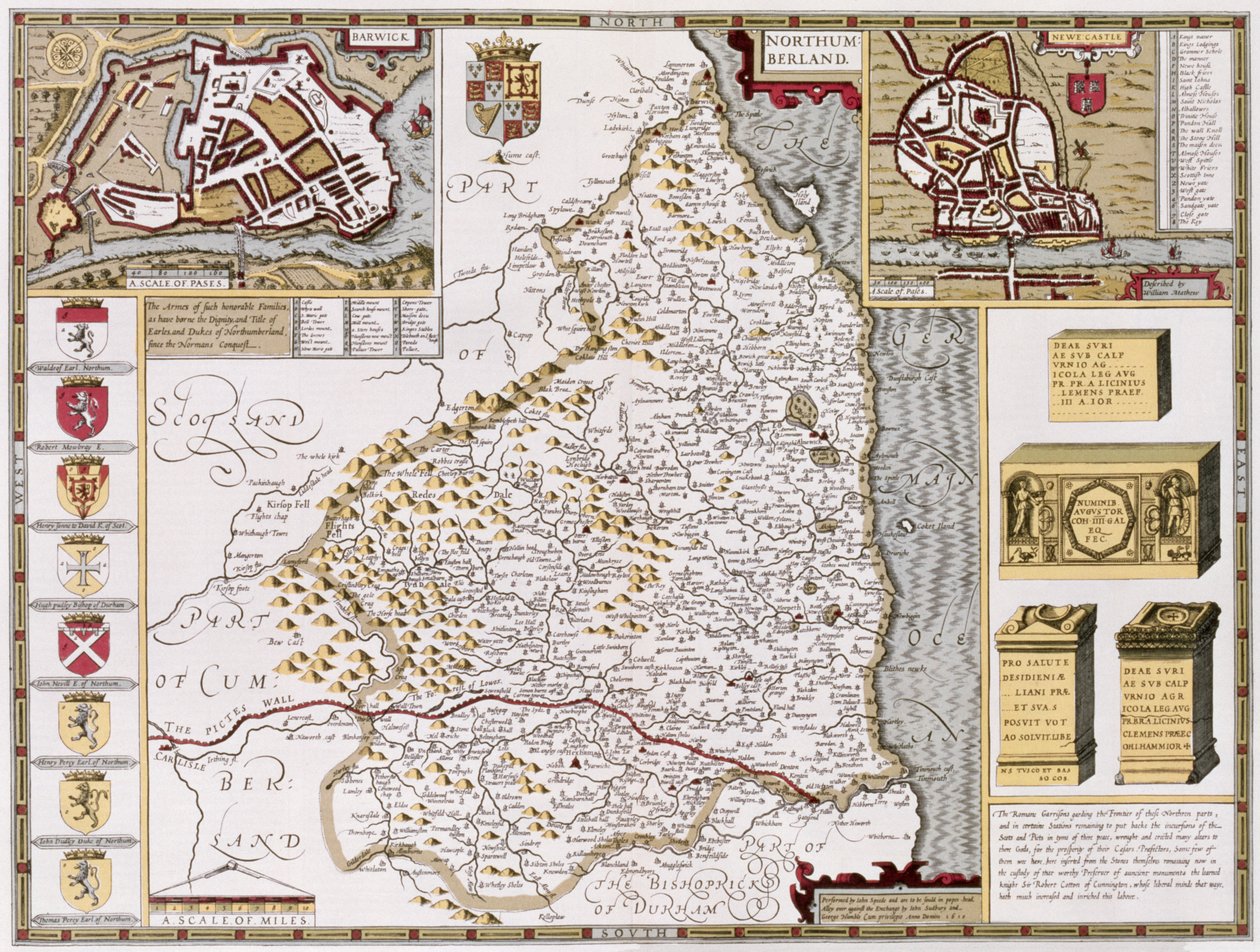 Northumberland, kaiverrettu Jodocus Hondius (1563-1612) John Speedin "Theatre of the Empire of Great Britain", pub. John Sudbury ja George Humble, 1611-12 (käsinvärjätty kuparikaiverrus) tekijältä John Speed