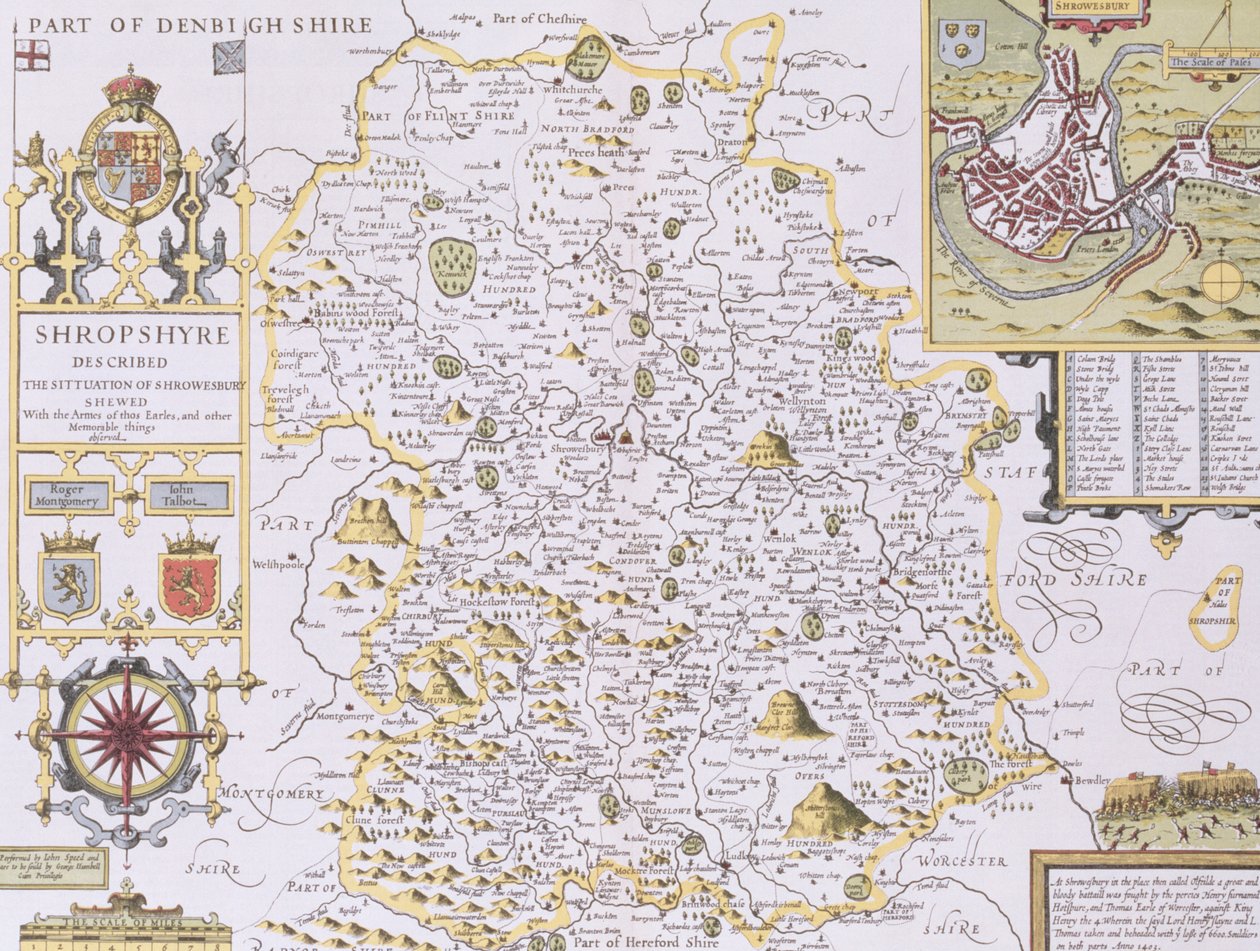 Shropshyre, kaiverrettu Jodocus Hondius (1563-1612) John Speedin "Theatre of the Empire of Great Britain", pub. John Sudbury ja George Humble, 1611-12 (käsinvärjätty kuparikaiverrus) tekijältä John Speed