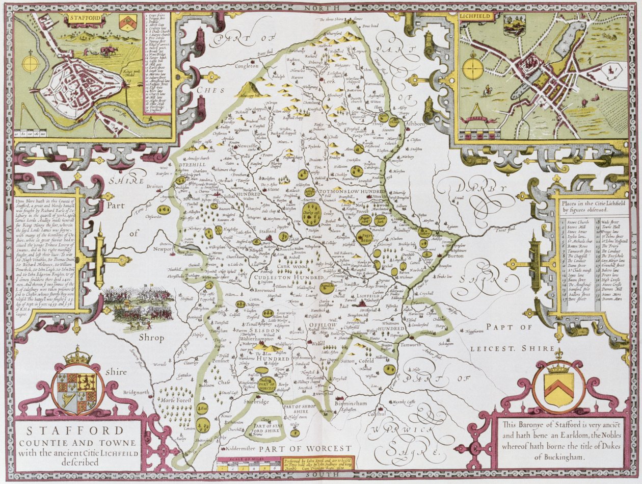 Stafford County and Town, kaiverrettu Jodocus Hondius (1563-1612) John Speedin "Theatre of the Empire of Great Britain", pub. John Sudbury ja George Humble, 1611-12 (käsinvärinen kupari engr tekijältä John Speed