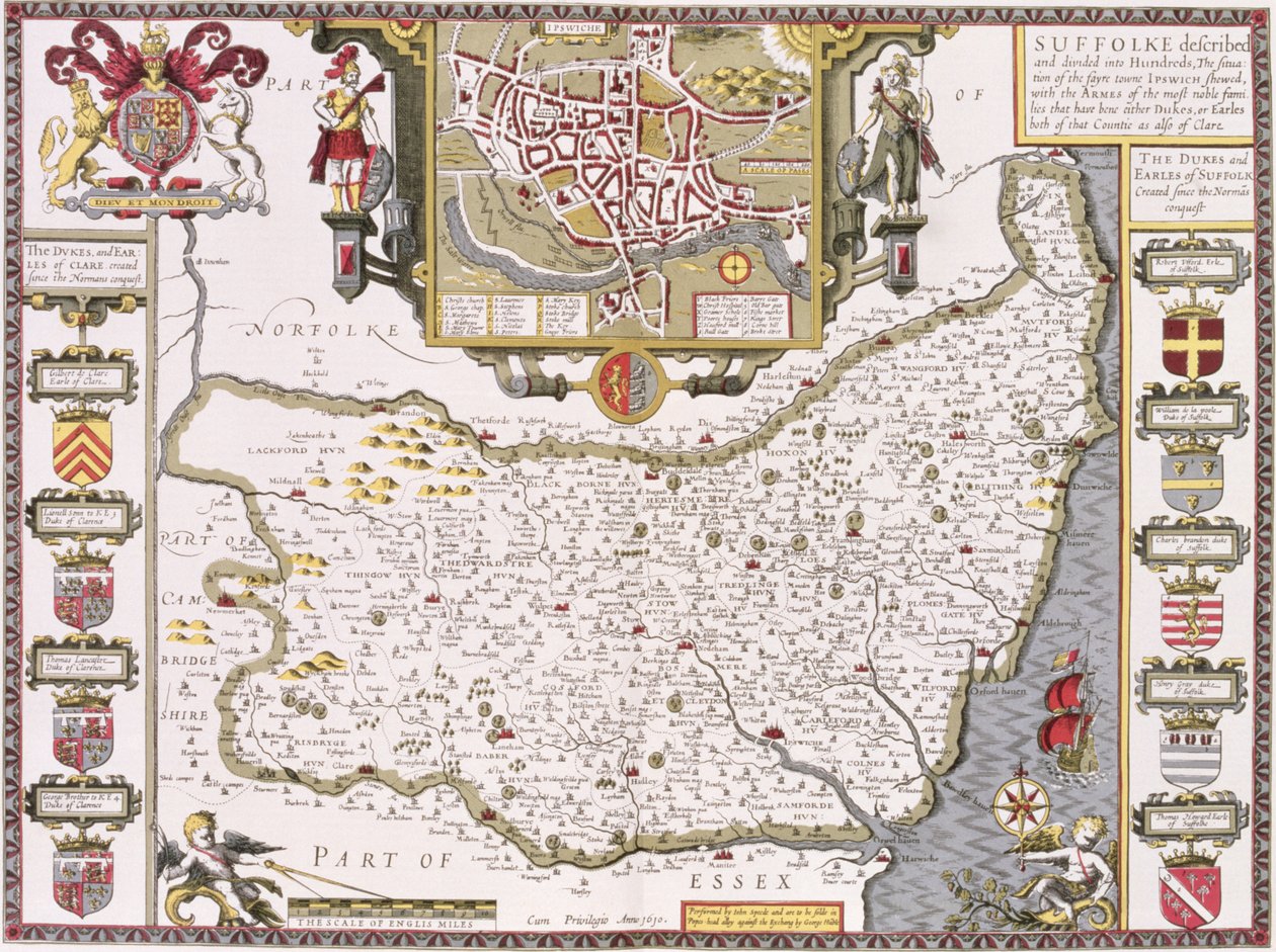 Suffolk ja Ipswichin tilanne, Jodocus Hondiuksen (1563-1612) kaiverrus John Speedin teoksesta "Theatre of the Empire of Great Britain", jonka julkaisivat John Sudbury ja George Humble, 1611-12 (käsin väritetty). tekijältä John Speed