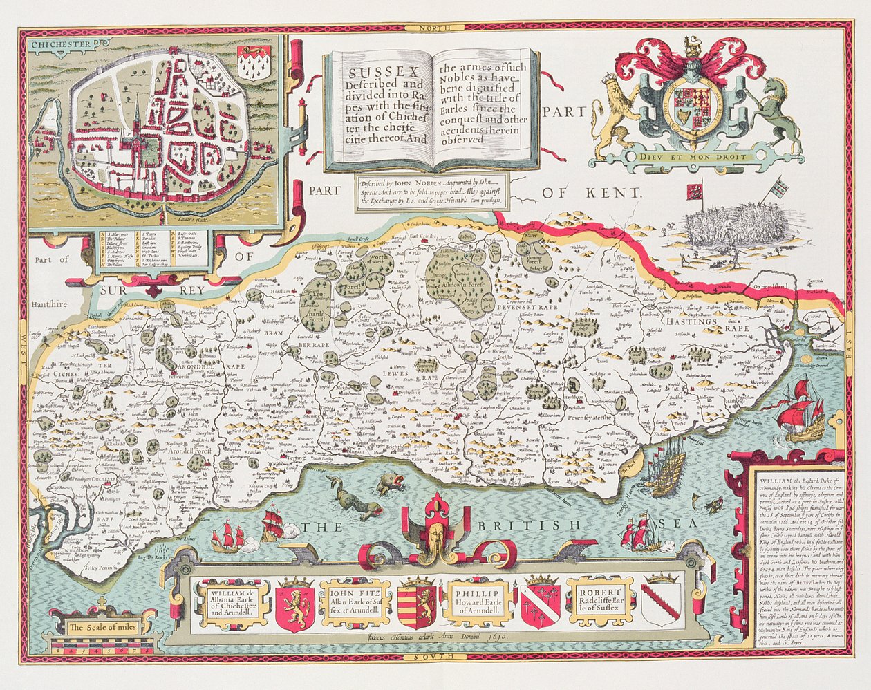 Sussex, kaiverrus Jodocus Hondius (1563-1612) John Speed