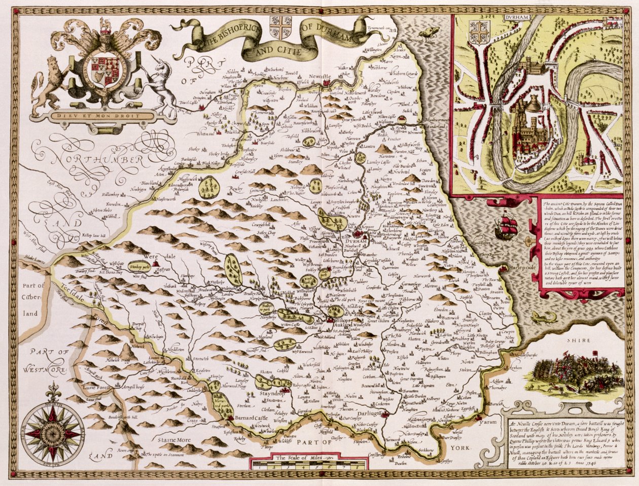 Piispakaupunki ja Durhamin kaupunki, Jodocus Hondiuksen (1563-1612) kaivertama John Speedin Theatre of the Empire of Great Britain -pubista. kirjoittaneet John Sudbury ja George Humble, 1611-12 (käsinvärinen co tekijältä John Speed