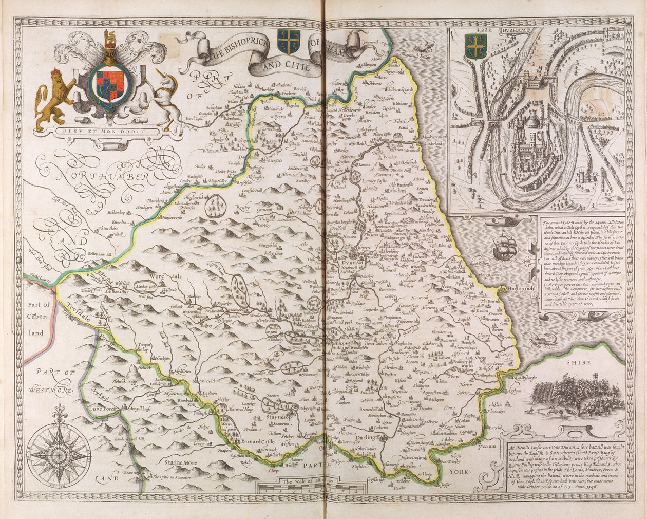 Piispakunta ja Durhamin kaupunki, Theatre of the Empire of Great Britain, 1611-12 tekijältä John Speed