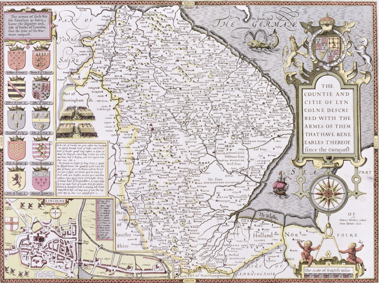 Lincolnin kreivikunta ja kaupunki, Jodocus Hondiuksen (1563-1612) kaivertama John Speedin Theatre of the Empire of Great Britain -pubista. kirjoittaneet John Sudbury ja George Humble, 1611-12 (käsinvärinen co tekijältä John Speed