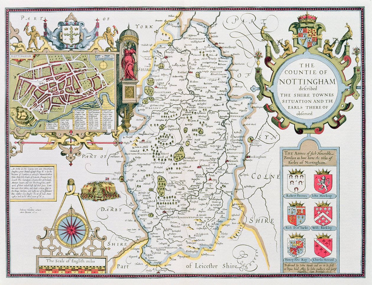 Nottinghamin kreivikunta, Jodocus Hondiuksen (1563-1612) kaivertama John Speedin "Theatre of the Empire of Great Britain", pub. John Sudbury ja George Humble, 1611-12 (käsinvärjätty kupari eng. tekijältä John Speed