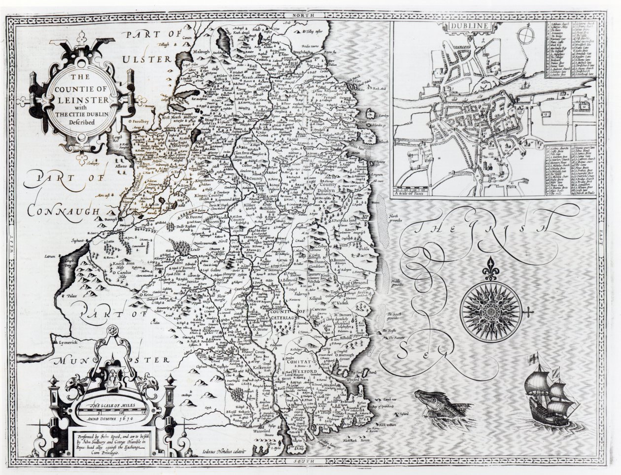 Leinsterin kreivikunta ja Dublinin kaupunki Kuvattu, kaiverrettu Jodocus Hondius (1563-1612), "Theatre of the Empire of Great Britain", pub. kirjoittaneet John Sudbury ja George Humble, 1611-12 (engra tekijältä John Speed