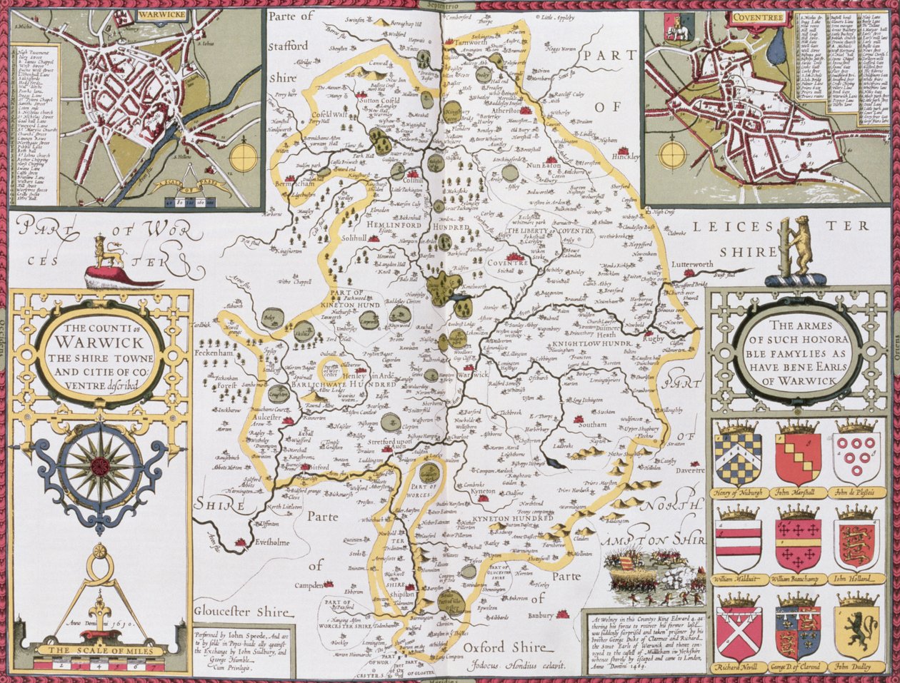 Warwickin piirikunta, Shire Town ja Coventryn kaupunki, Jodocus Hondiuksen (1563-1612) kaiverrus John Speedin Theatre of the Empire of Great Britain -pubista. John Sudbury ja George Humb tekijältä John Speed