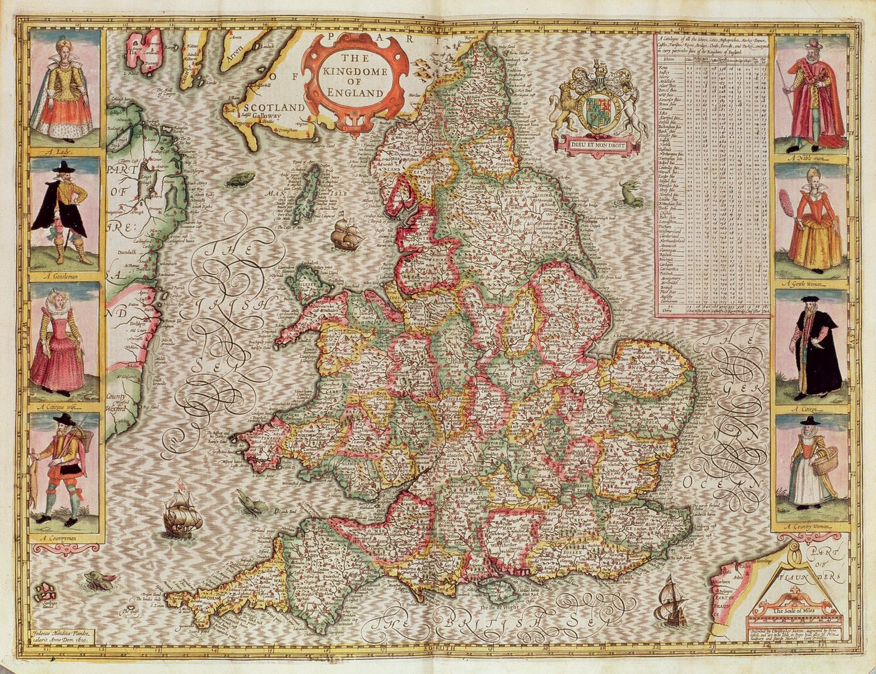 The Kingdome of England, kaiverrettu Jodocus Hondiuksen (1563-1612) teoksesta "The Theatre of the Empire of Great Britain", jonka ovat julkaisseet John Sudbury ja George Humble, 1611-12 (käsin väritetty kuparikaiverrus). tekijältä John Speed