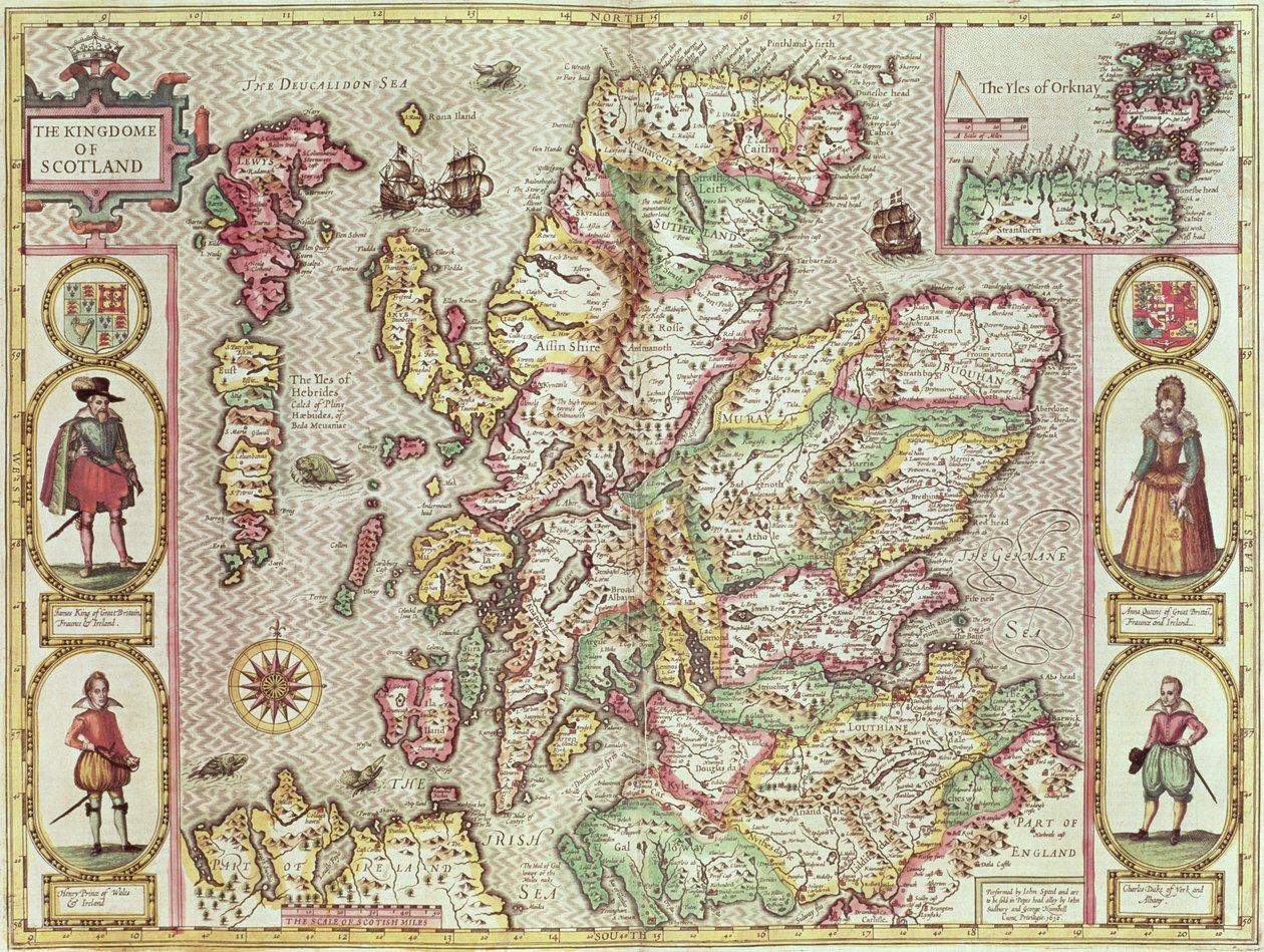 Skotlannin kuningaskunta, Jodocus Hondiuksen (1563-1612) kaiverrus "Theatre of the Empire of Great Britain", pub. John Sudbury ja George Humble, 1611-12 (käsinvärinen kuparikaiverrus) tekijältä John Speed