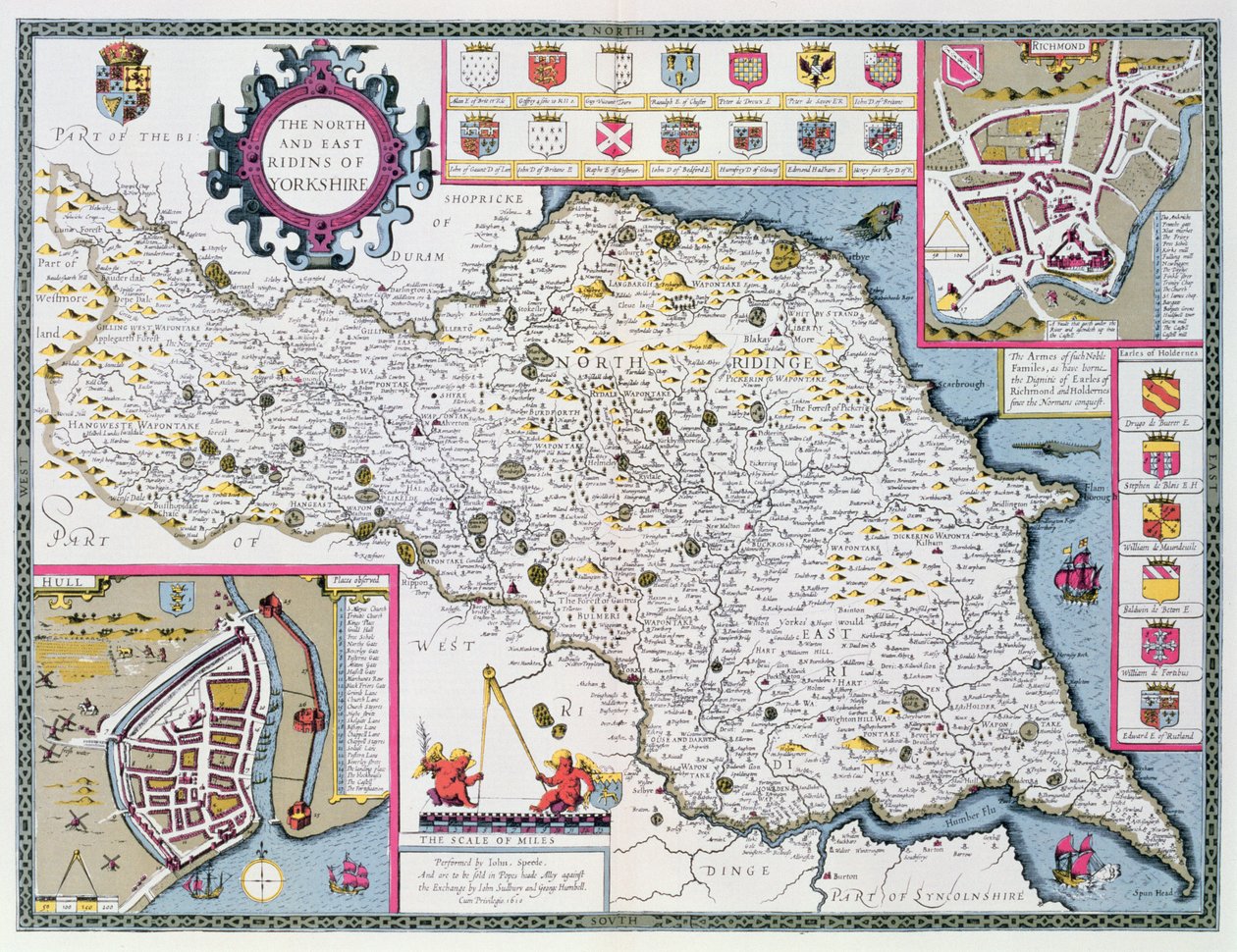 The North and East Ridings of Yorkshire, kaiverrettu Jodocus Hondius (1563-1612) John Speedin Theatre of the Empire of Great Britain -pubista. John Sudbury ja George Humble, 1611-12 (käsiväri tekijältä John Speed