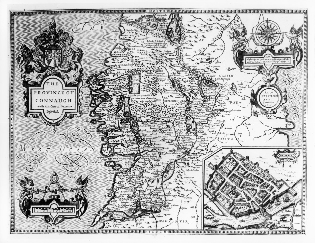 The Province of Connaught with the City of Galway Described, kaiverrettu Jodocus Hondiuksen (1563-1612) toimesta, teoksesta "Theatre of the Empire of Great Britain", julkaisija John Sudbury ja George Humble, 1611-12 (en tekijältä John Speed