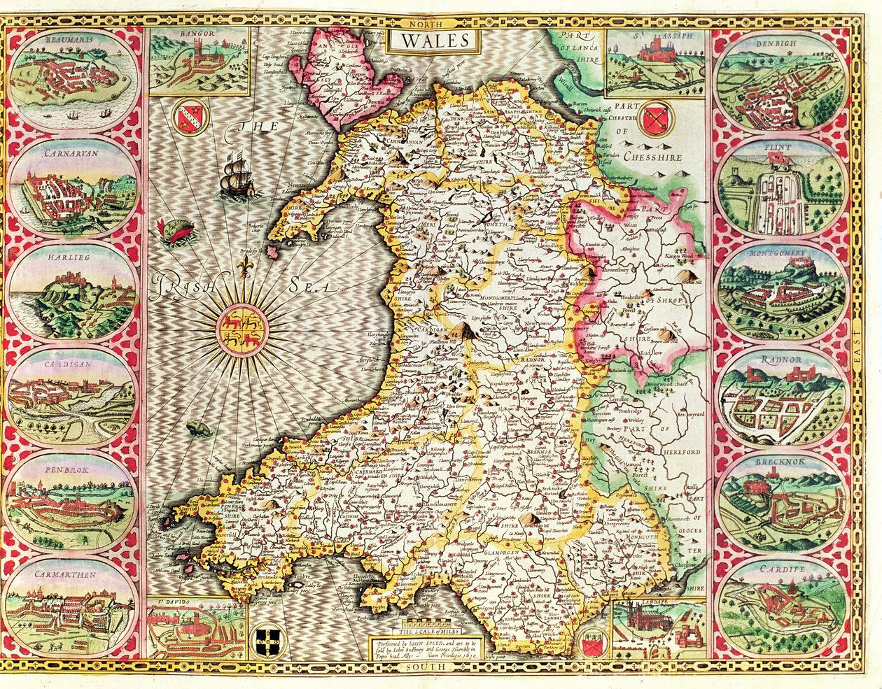 Wales, kaiverrus Jodocus Hondius (1563-1612) John Speedin teoksesta Theatre of the Empire of Great Britain, julkaisija John Sudbury ja George Humble, 1611-12 (käsinvärinen kuparikaiverrus) tekijältä John Speed