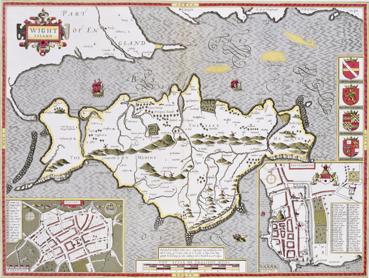 Wight Island, kaiverrus Jodocus Hondius (1563-1612) John Speedin "Theatre of the Empire of Great Britain", pub. John Sudbury ja George Humble, 1611-12 (käsinvärjätty kuparikaiverrus) tekijältä John Speed