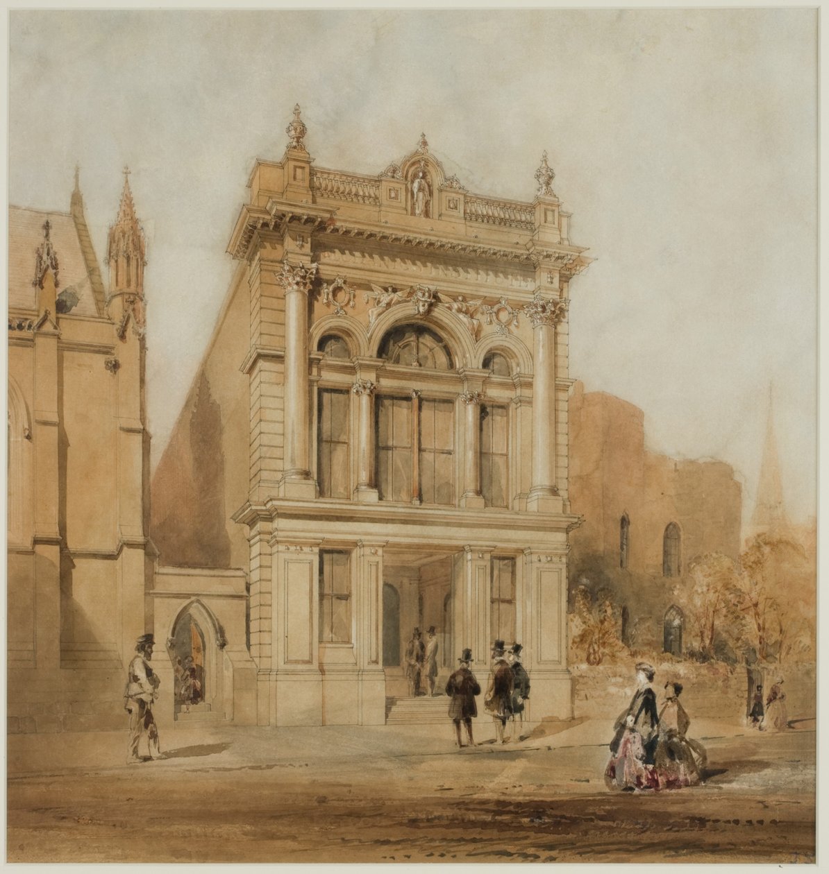 Suunnittelu Mechanics Institutelle, Newcastle upon Tyne, 1863 (muste ja wc paperilla kortilla) tekijältä John Storey