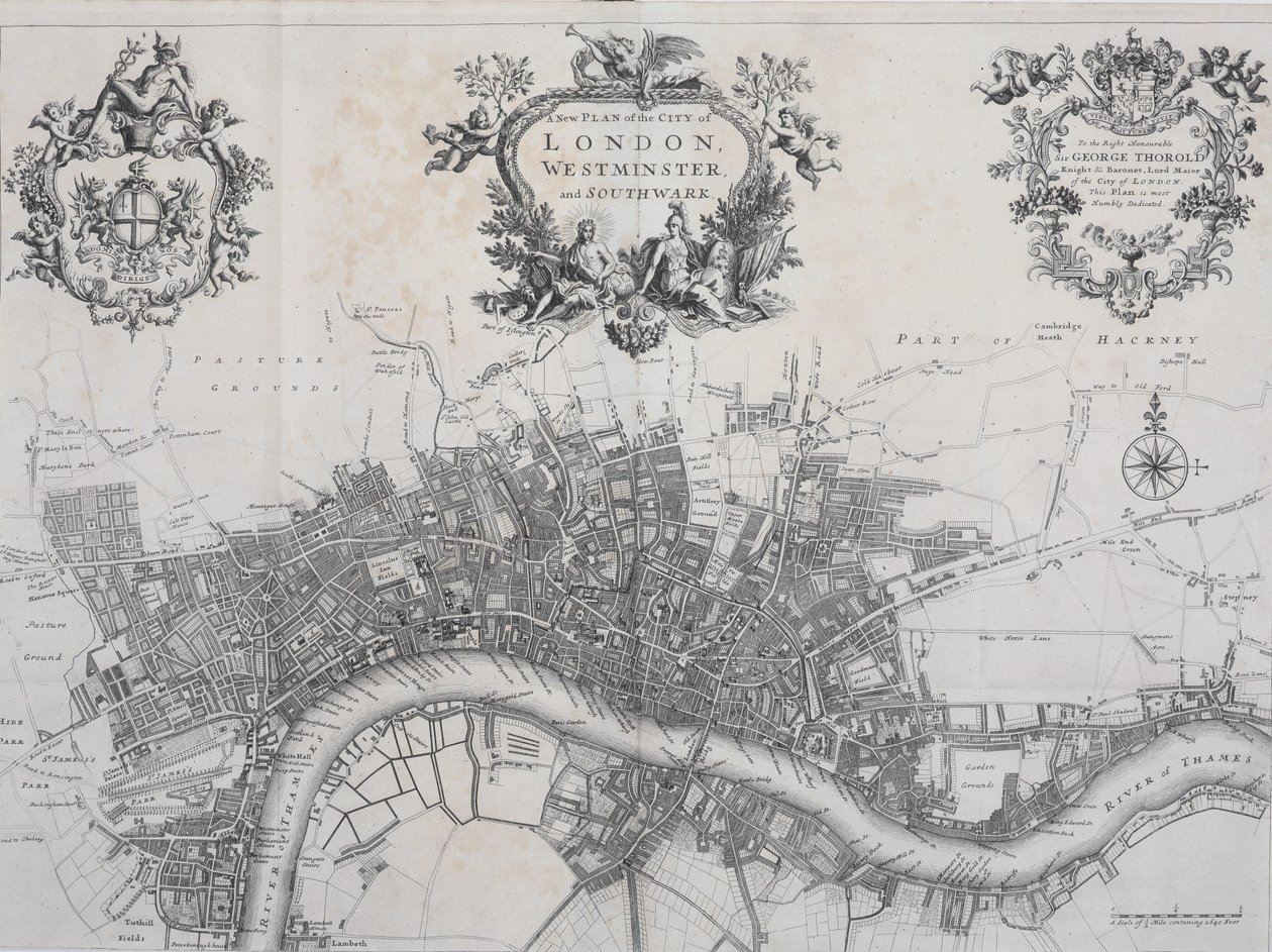 Lontoon Cityn, Westminsterin ja Southwarkin uusi suunnitelma, julkaisussa A Survey of the Cities of London and Westminster, painaneet A. Churchill, J. Knapton, R. Knaplock et al, 1720 tekijältä John Stow