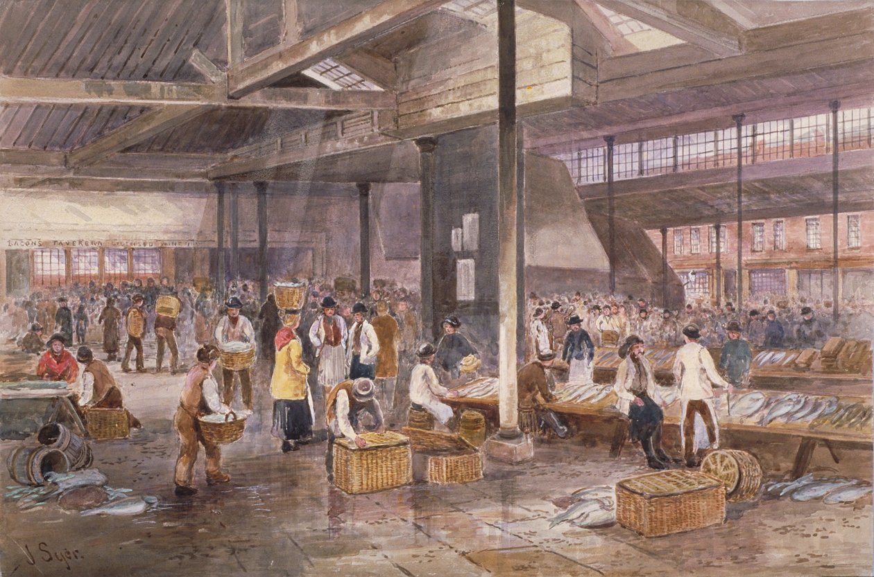 Sisäkuva Billingsgate Fish Marketista, n. 1849 tekijältä John Syer